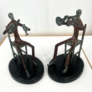 Vintage Modernist Bronze Sculpture Horn Blower & A Drinkin Seated Set of 2 Heavy